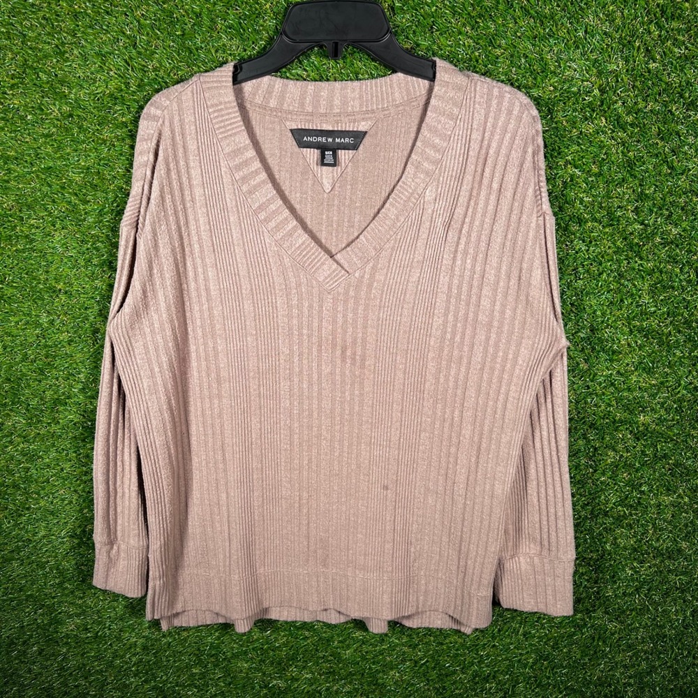 Andrew Marc Womens Ribbed V-Neck Sweater Mauve Taupe‎ Small Relaxed Fit